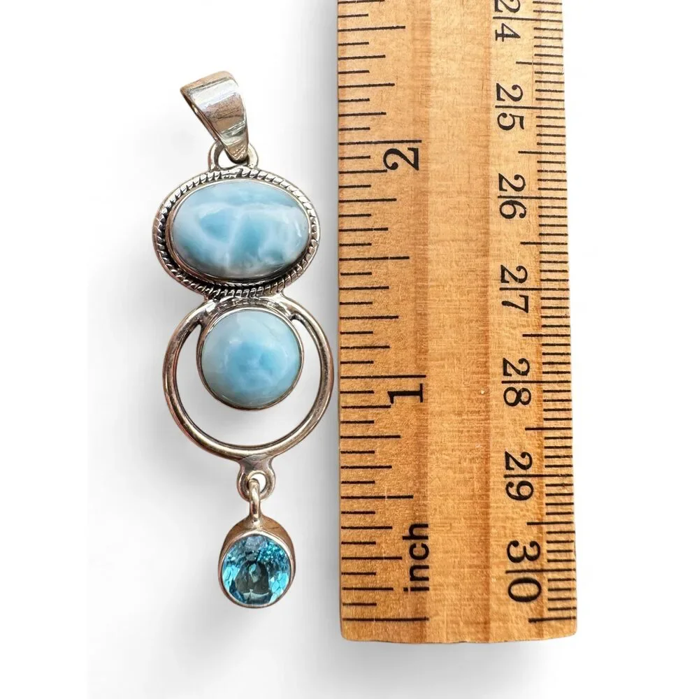 Caribbean Larimar & Blue Topaz Solid 925 Sterling Silver Pendant